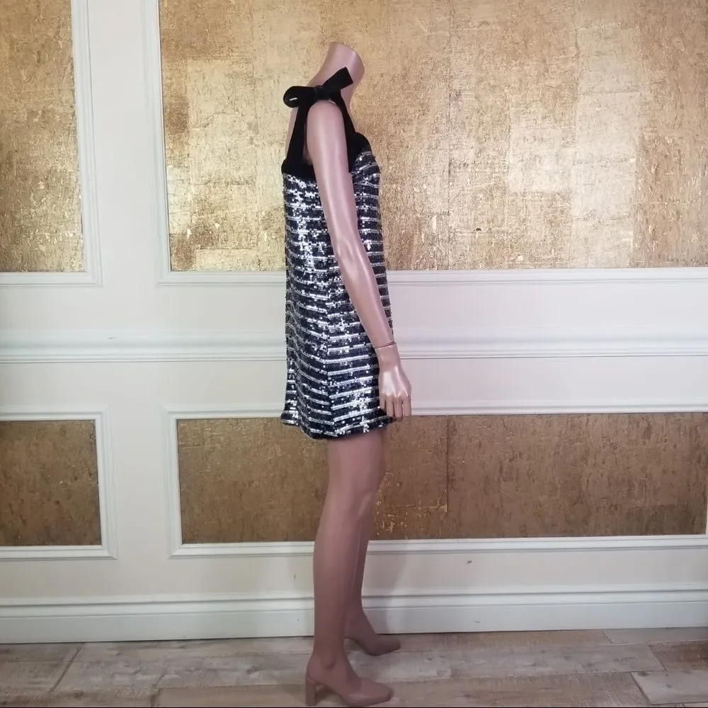 NEW AQUA 100% Exclusive sequined striped mini Black Silver S - Picture 6 of 15